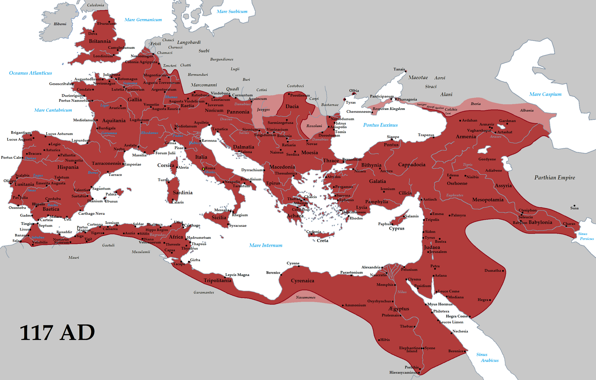 Map of the Roman Empire at its maximum extent (117 AD)